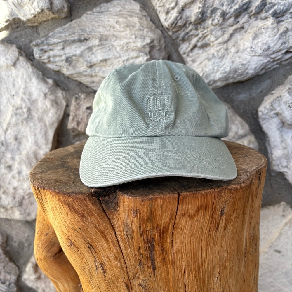 Topo Designs Baseball Hat Embroidered Map Logo Light Green with Paint Stains